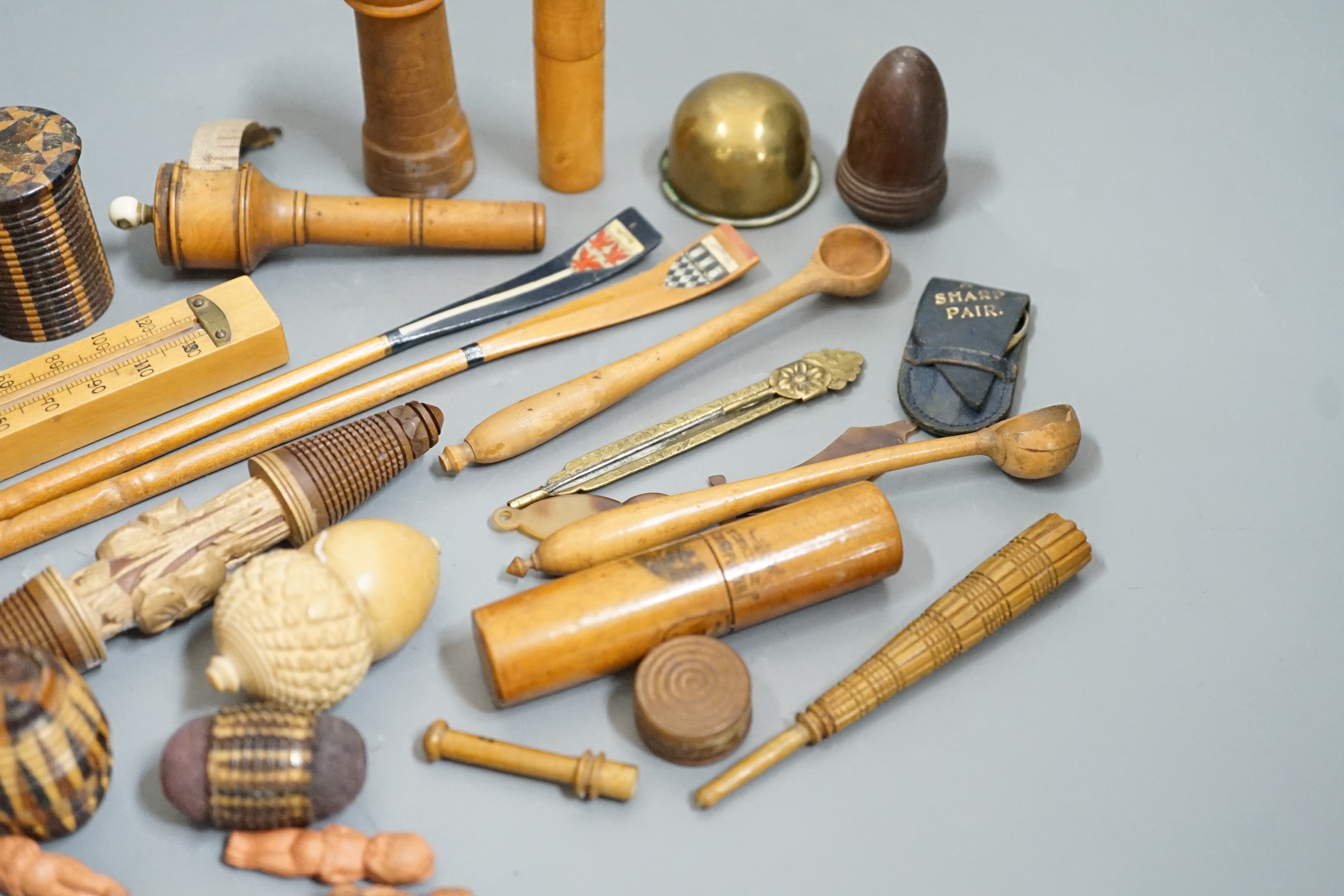 A quantity of various treen items including Tunbridge stickware items etc